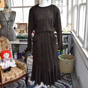 Vintage Choon California Metallic Lurex Disco Dress 70s 80s Black Bronze M/L